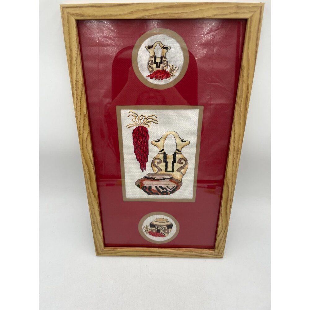Framed Southwestern Cross-Stitch Art With Pottery & Chili Pepper Designs 18x12"